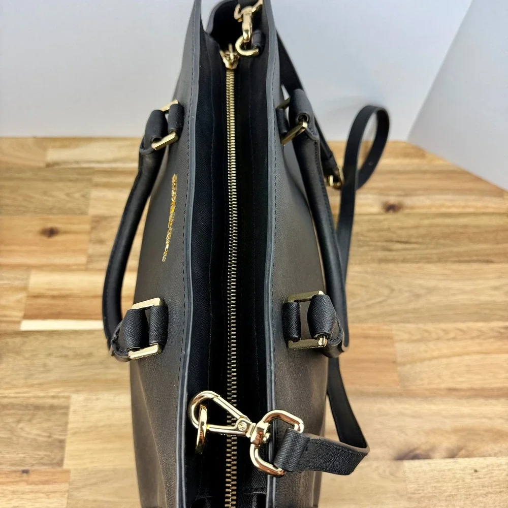 Michael Kors Selma Black Saffiano Leather Satchel Crossbody Bag Gold Hardware